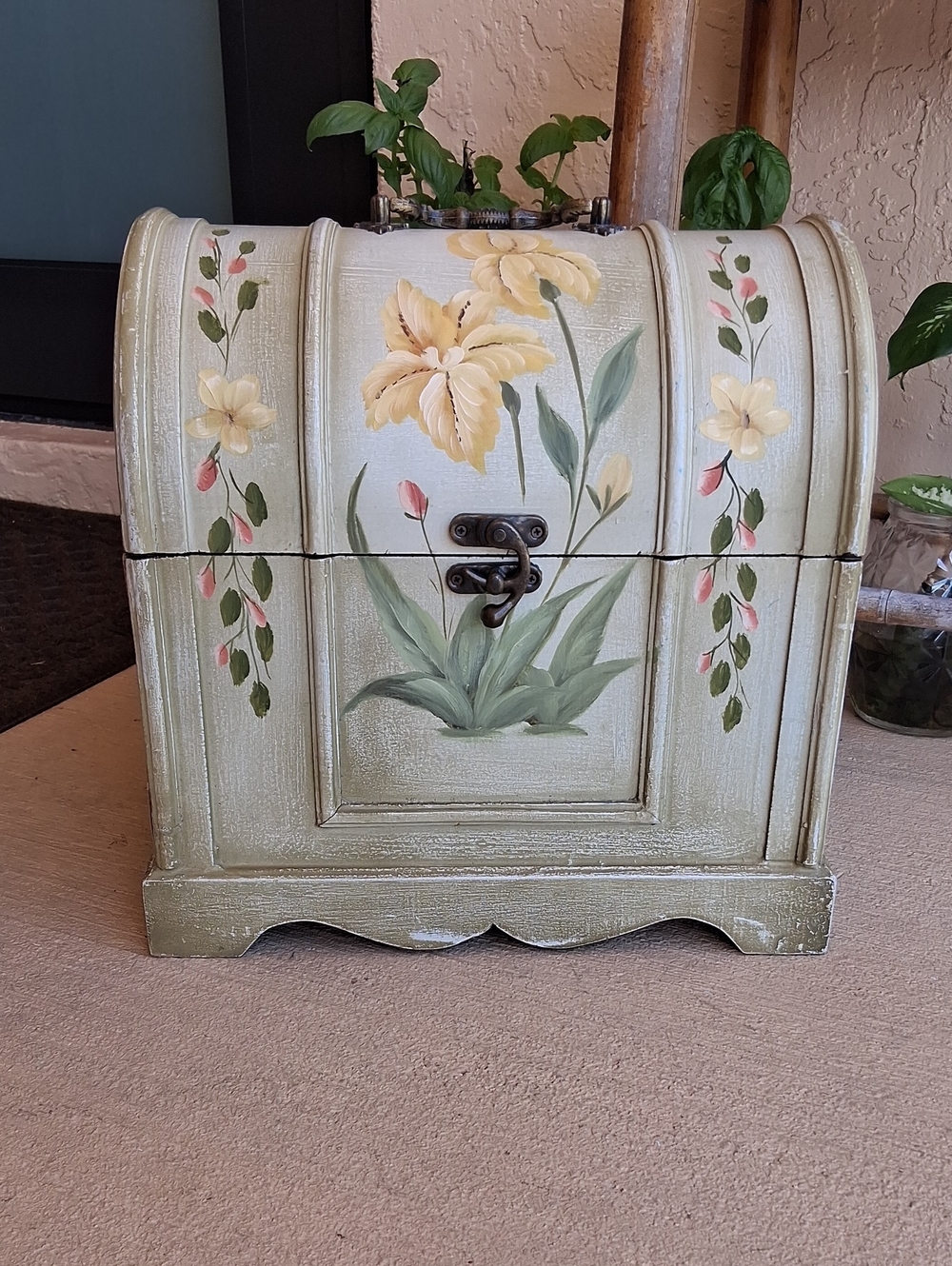 Romantic Cottage Hand-Painted Wooden Treasure Chest. Floral Jewelry Box/Trunk